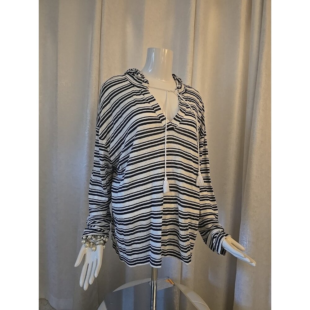 Tahari Linen Pullover Hoodie Nautical Striped XL NEW KNIT Shirt Womens Bohemian - Picture 2 of 9